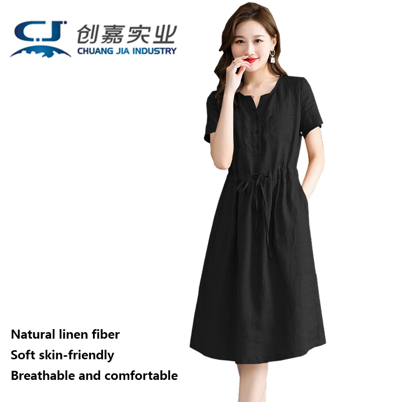 Summer Clothing Drawing - Pure Linen Women's Short-sleeved Dress Dark