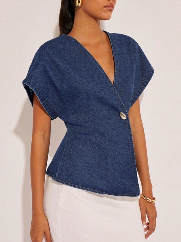 2026Women Dark Blue Denim Blou - Summer Clothing Wraps recension och pris