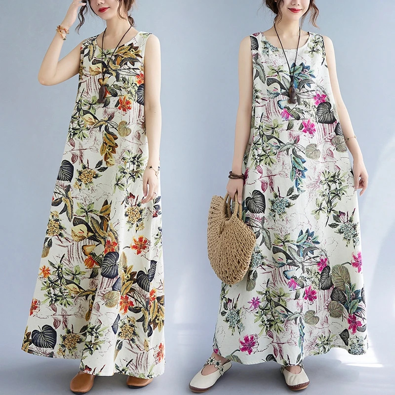 Summer Floral Print Cotton Lin - Sundress Midi Floral recension och pris